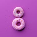 Beautiful 8 march greeting card with donuts in form of eight with pink icing and colorful sprinkles on pink background.