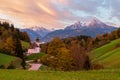 Beautiful Maria Gern church against the backdrop of the famous Watzmann Mountains in beautiful autumn colors near the charming