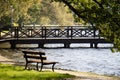 Beautiful marina on the lake. Warm autumn day, wooden bridge, bo Royalty Free Stock Photo