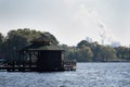 Beautiful marina on the lake. Warm autumn day, wooden bridge, bo Royalty Free Stock Photo