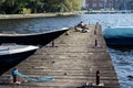 Beautiful marina on the lake. Warm autumn day, wooden bridge, bo Royalty Free Stock Photo