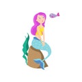 Beautiful marine mermaid with pink hair and blue tail