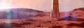 Landscape on planet Mars, spaceship landing on the red planet`s surface 3d space rendering banner