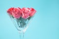 Beautiful martini glass with pink roses on light blue background, closeup. Space for text Royalty Free Stock Photo