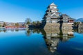 Beautiful of Matsumoto castle with red bridge, blue sky and reflection of the castle on the moat. At Matsumoto, Nagano Prefecture Royalty Free Stock Photo