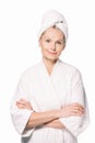 beautiful mature woman in bath robe and towel on head Royalty Free Stock Photo