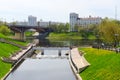 Beautiful May view of estuary of river Vitba and Kirovsky bridge across Western Dvina, Vitebsk, Belarus