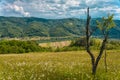 Beautiful meadow, agricultural field and Drina river in Western Serbia