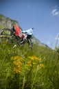 Beautiful meadow with bicycle and clothes