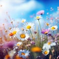 Beautiful meadow with blooming daisies and cosmos flowers, Natural summer background in the meadow in the morning sun rays close- Royalty Free Stock Photo