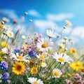 Beautiful meadow with blooming white, yelow daisies and wild flowers against a blue sky with sun in natural park in summer Royalty Free Stock Photo
