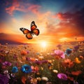 Beautiful meadow with colorful flowers and butterfly at sunset, nature background Royalty Free Stock Photo