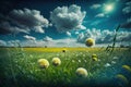 Beautiful meadow field with fresh grass and yellow dandelion flowers in nature against a blurry blue sky with clouds. Royalty Free Stock Photo