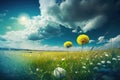 Beautiful meadow field with fresh grass and yellow dandelion flowers in nature against a blurry blue sky with clouds. Royalty Free Stock Photo