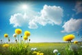 Beautiful meadow field with fresh grass and yellow dandelion flowers in nature against a blurry blue sky with clouds. Royalty Free Stock Photo