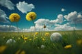 Meadow field with fresh grass and yellow dandelion flowers in nature against a blurry blue sky with clouds. Generative ai Royalty Free Stock Photo