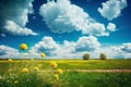 Beautiful meadow field with fresh grass and yellow dandelion flowers in nature against a blurry blue sky with clouds Royalty Free Stock Photo