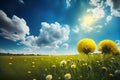 Beautiful meadow field with fresh grass and yellow dandelion flowers in nature against a blurry blue sky with clouds Royalty Free Stock Photo