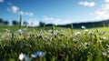 Beautiful meadow field with fresh grass and yellow dandelion flowers in nature against a blurry blue sky with clouds. Summer Royalty Free Stock Photo