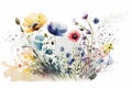 Beautiful meadow flower concept, various wild flowers. Watercolor illustration. Generative
