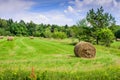 Beautiful meadow with green grass and hay roll on blue sky background with clouds Royalty Free Stock Photo