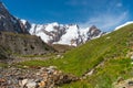 Beautiful meadow and snow mountains peak view from Khuspang campsite, Karakoram mountains range in K2 base camp trekking route,