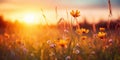 A beautiful meadow with wildflowers on the background of the sunset sky. Wild grass and flowers Royalty Free Stock Photo