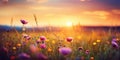 A beautiful meadow with wildflowers on the background of the sunset sky. Wild grass and flowers Royalty Free Stock Photo