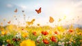 Beautiful meadow with wildflowers and butterfly. Nature background Royalty Free Stock Photo