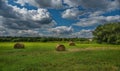 Beautiful meadows fields with haystacks in a sunny day. Royalty Free Stock Photo
