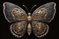 Beautiful mechanical Steampunk butterfly with gears and complex mechanism isolated on black background, Steampunk concept art