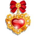 A beautiful medal in the shape of a red heart made of precious stones set in gold with ribbon bow isolated on white Royalty Free Stock Photo