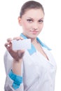 Beautiful Medical Science Woman with business card Royalty Free Stock Photo