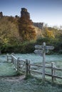 Beautiful Medieval castle ruins on hill in foggy frosty Winter l Royalty Free Stock Photo