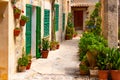 Beautiful Medieval Streets of Valldemossa Village with pots and garden, Mallorca, Spain Royalty Free Stock Photo