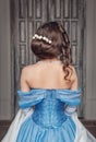 Beautiful medieval woman in blue dress, back Royalty Free Stock Photo