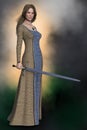 Beautiful medieval woman holding a sword.