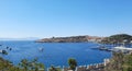 Beautiful mediterranean landscape of Bodrum bay, view from Bodrum castle to the old town and bay in the Aegean sea Royalty Free Stock Photo