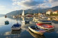 Beautiful Mediterranean landscape with fishing boats on water. Montenegro, Bay of Kotor Royalty Free Stock Photo