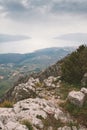 Beautiful mediterranean landscape on foggy day. Montenegro. View of Kotor Bay near Herceg Novi city