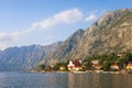 Beautiful Mediterranean landscape. Montenegro, Adriatic Sea. View of Bay of Kotor and  seaside Dobrota town on summer day Royalty Free Stock Photo