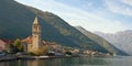 Beautiful Mediterranean landscape. Montenegro, Bay of Kotor. View of ancient town of Stoliv and Name of Mary Church