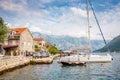 Beautiful mediterranean landscape. Mountains and fishing boats near town Perast, Kotor bay Boka Kotorska, Montenegro Royalty Free Stock Photo