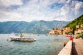 Beautiful mediterranean landscape. Mountains and fishing boats near town Perast, Kotor bay Boka Kotorska, Montenegro Royalty Free Stock Photo