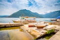 Beautiful mediterranean landscape. Mountains and fishing boats near town Perast, Kotor bay Boka Kotorska, Montenegro Royalty Free Stock Photo