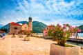 Beautiful mediterranean landscape. Our Lady of the Rock Island near town Perast, Kotor bay, Montenegro