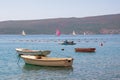 Beautiful Mediterranean landscape. Sailboats and fishing boats on water. Montenegro, Kotor Bay