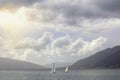Beautiful Mediterranean landscape. Sailboats sails near shore of Kotor Bay. Montenegro. Travel concept
