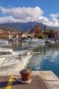 Beautiful Mediterranean landscape. Fishing boats in small harbor. Montenegro, Tivat city Royalty Free Stock Photo