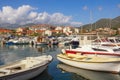 Fishing boats in small harbor. Montenegro, Kotor Bay, Tivat city Royalty Free Stock Photo